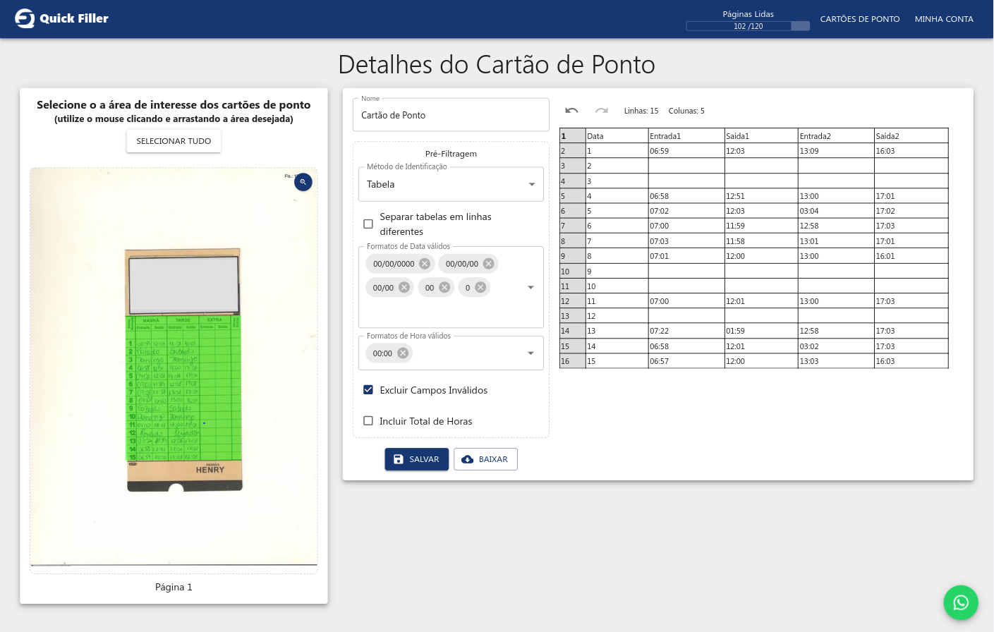 QuickFiller Processando Cartão de Ponto